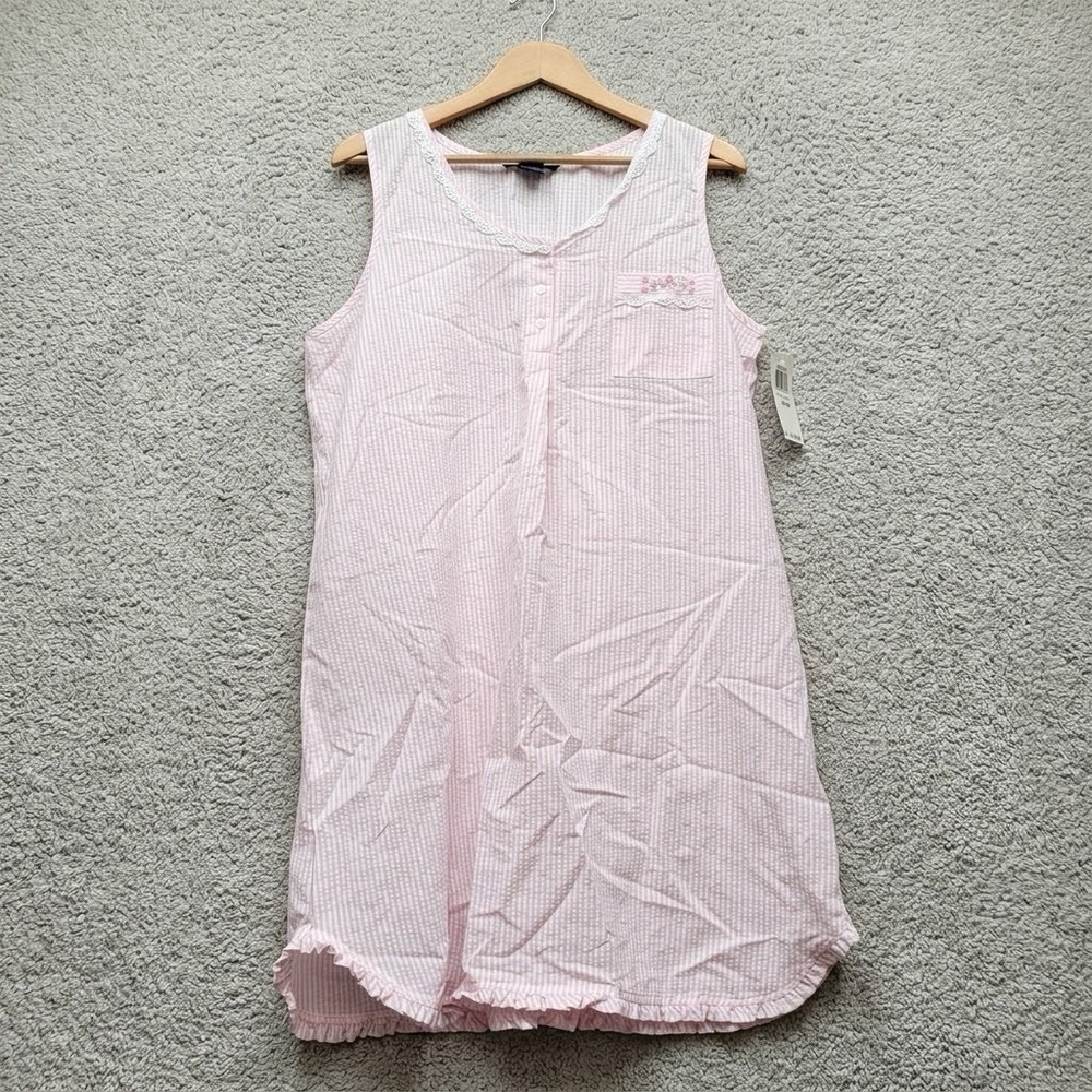 VTG Charter Club Seersucker Nightgown Lace Ruffle Pink Cottage Dainty NWT Large